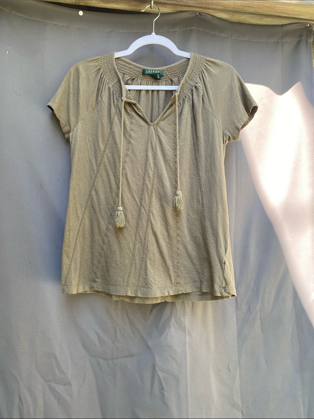 Lauren Ralph Lauren Tan Tassel Peasant Top